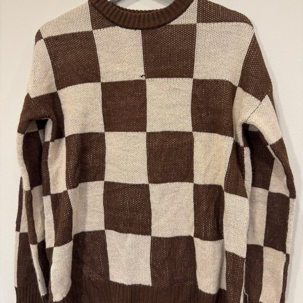Just Polly Checkered Sweater – Brown & Cream Pullover – Size Small